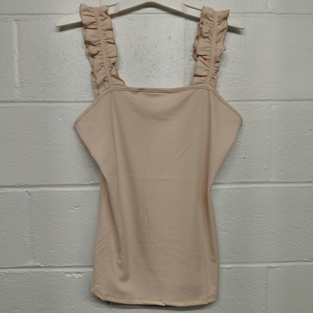 Ribbed Tank Top Womens Sz XL Beige Ruffle Wide Straps Y2k Boho